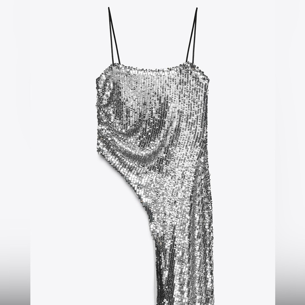 New Zara Silver Sequin Thin Strap Top